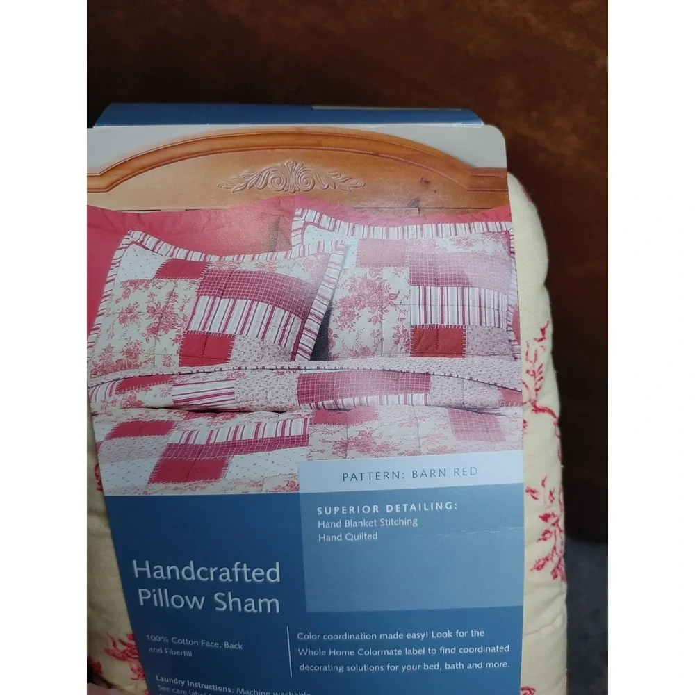 90s Single Cottagecore Barn Red Pillow Sham Standard Quilted Floral Red Cream